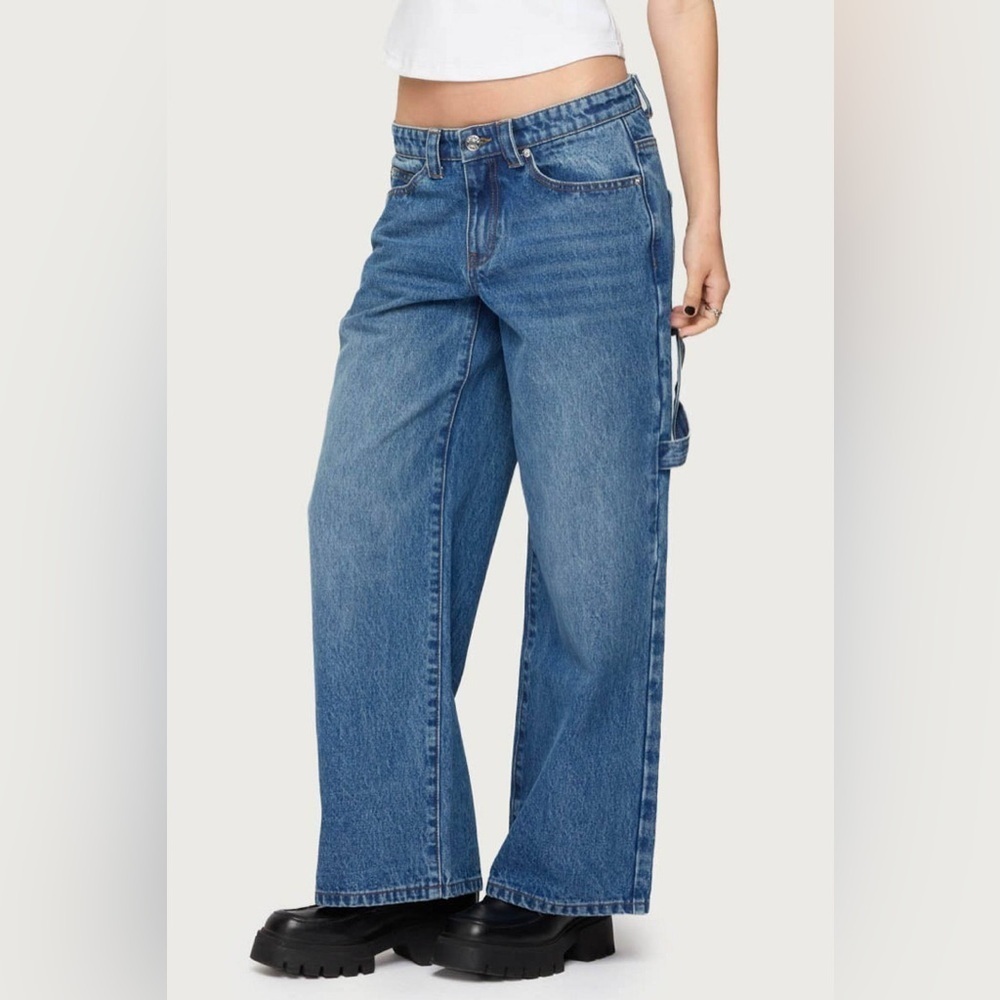 Edikted Baggy Mid Rise Wide Leg Carpenter Cago Jeans blue Pant 90s y2k - Picture 3 of 15